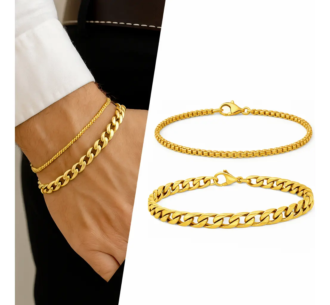 Kit 2 Pulseiras Masculinas Banhadas A Ouro Grumet Veneziana Dourado 21 Cm