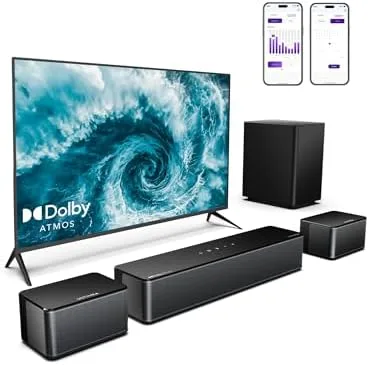 ULTIMEA Soundbar 5.1 Canais com Dolby Atmos, Sistema Home Theater Surround de 410W para TV, Barra de Som com Subwoofer, Surround e Graves Ajustáveis, Controle por Aplicativo, Poseidon D60