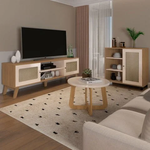 Sala de Estar Completa para TV Até 75 Polegadas Charlotte 3 Portas Carvalho/Off White - Artely Móvei