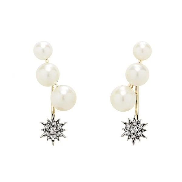 Brincos de Ouro Nobre 18K com pérolas e diamantes cognac - Coleção Pérolas do Gênesis
