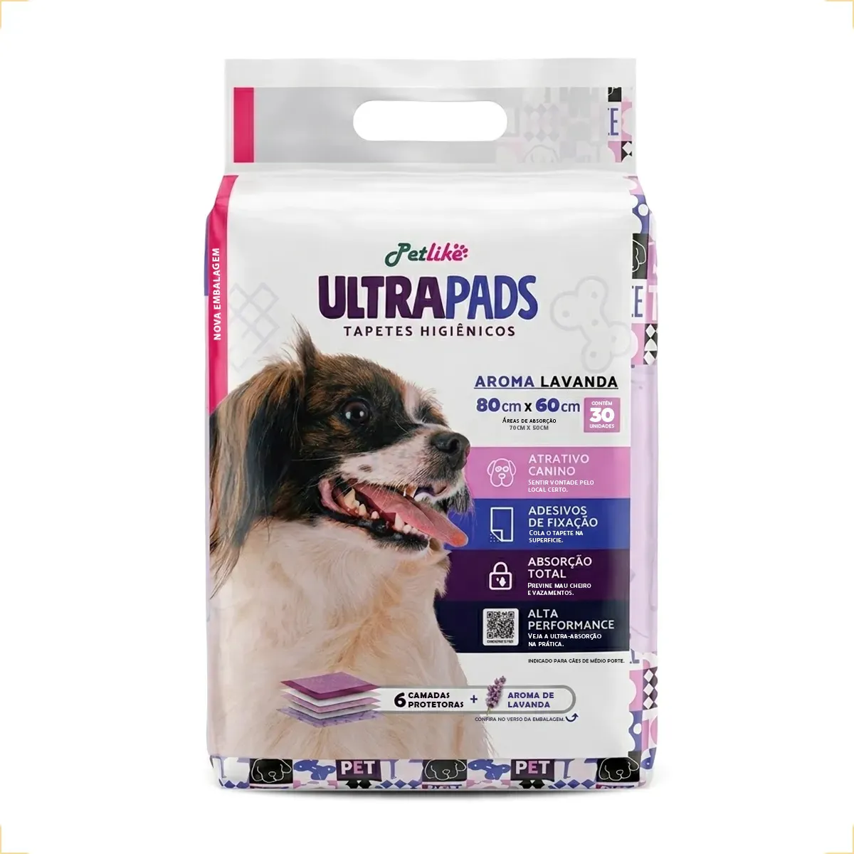 Petlike Tapete Higiênico Para Cães Ultra Pads Lavanda 80cm X 60cm Com 30 Unidades Branco