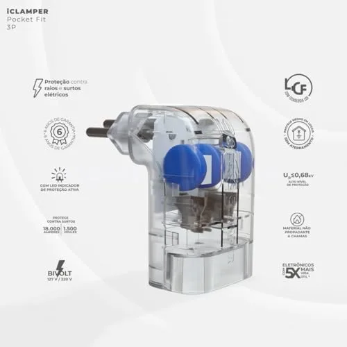 Protetor Contra Surtos Elétricos (DPS) CLAMPER 127/220V, 20 Amperes, 3 Pinos, para PC, PS5, Xbox, Smartphone, Monitor, Impressora, etc - iCLAMPER Pocket Fit 3P 20A Transparente LCF, Bivolt