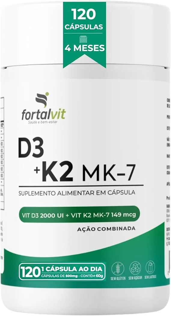 Vitamina D3 + K2 120 Cápsulas 4 Meses de Uso Longa Duração, 2000UI D3 149mcg Vitamina K2 MK-7, Fortalvit