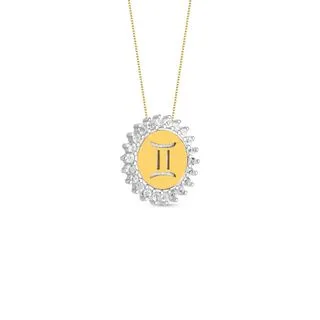 Pingente Medalha Signo Gemêos em Prata 925 e Ouro Amarelo 18k com Topázios Incolores, 15.4mm