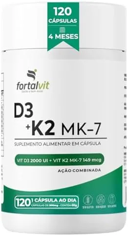 Vitamina D3 + K2 120 Cápsulas 4 Meses de Uso Longa Duração, 2000UI D3 149mcg Vitamina K2 MK-7, Fortalvit