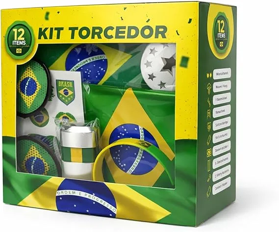 Kit Torcedor Brasil Copa do Mundo 2026 – 12 Peças Completo com Calendário de Jogos, Pintura Facial Hipoalergênica, Bandeira, Óculos, 2 Bastões Infláveis, Corneta e Caixa Presente – Em Busca do Hexa!