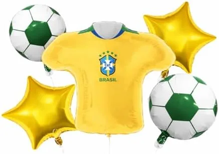 Balões Brasil Futebol Decoração Festa – Camisa Brasil, Bola Futebol, Taça Champion, Balão Redondo 24” – Tema Copa Aniversário Eventos (Kit Camisa Brasil 5 Peças)