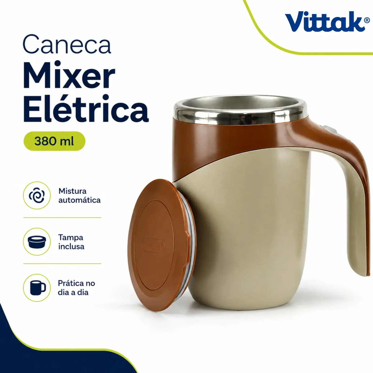 Vittak Caneca Mixer Elétrica Copo Mistura 380ml Com Tampa Marrom