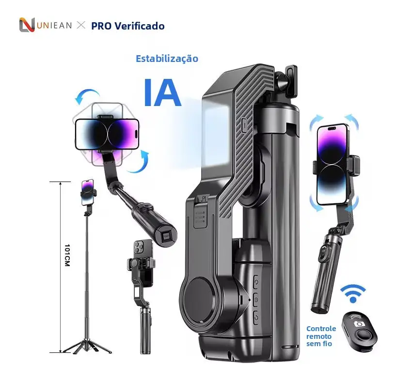 Estabilizador Gimbal Celular Bluetooth Dobrável 3 Eixos Luz Suporte Câmera Imagem Vídeo Portátil Profissional Tripés Para Câmeras Preto