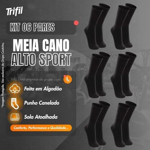 Kit 6 Pares Meias Cano Alto Longo Algodão Trifil By Lupo Calcanhar Verdadeiro Adulto