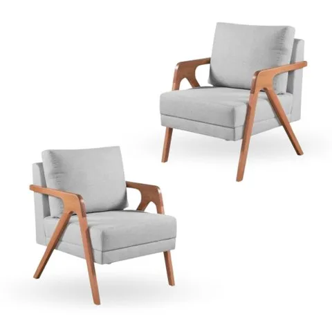Kit 2 Poltronas Decorativa Mona Luxo Linho Bege Claro e Base Madeira Maciça