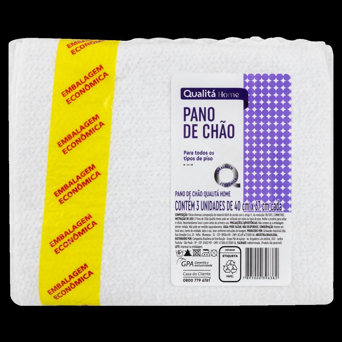 Pano de Chão Branco Qualitá 40cm x 67cm 3 Unidades Embalagem Econômica
