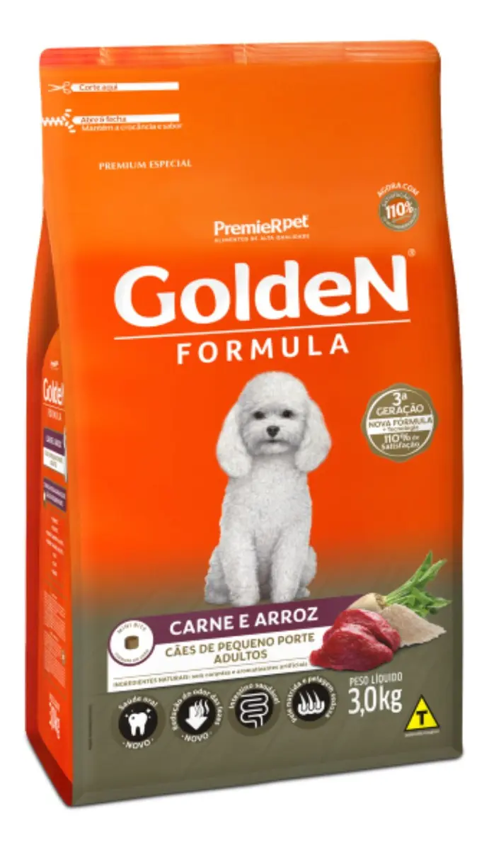 Ração Golden Fórmula Mini Bits Cães Adultos Pequeno Porte Carne e Arroz 3kg Original
