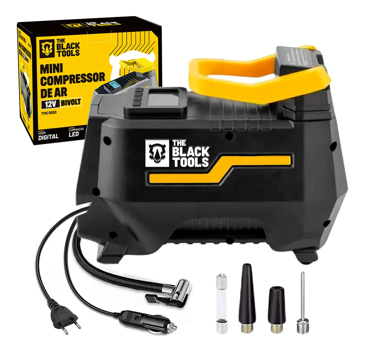 Compressor De Ar Elétrico Portátil 120w Encher Pneu Carro Moto Bicicleta Tcm100 The Black Tools Preto E Amarelo 127/220v 60hz Monofásica