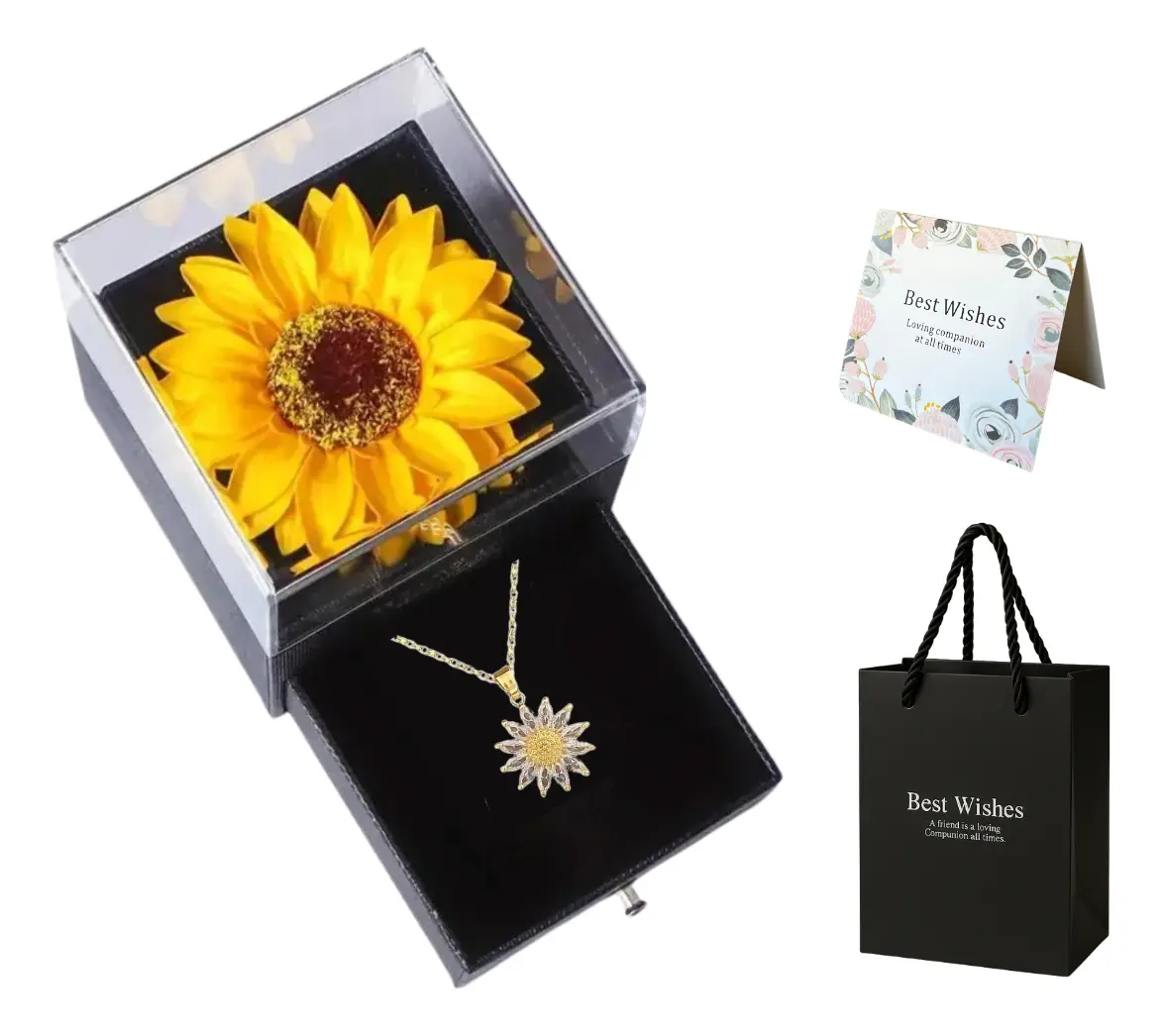 Presente Dia Dos Namorados Girasol Eterno + Colar Cravejado Dourado