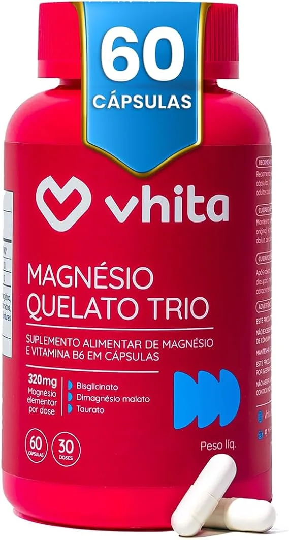 Vhita Magnesio Quelato Trio, Dimalato, Bisglicinato e Taurato, com Vitamina B6, 60 Cápsulas