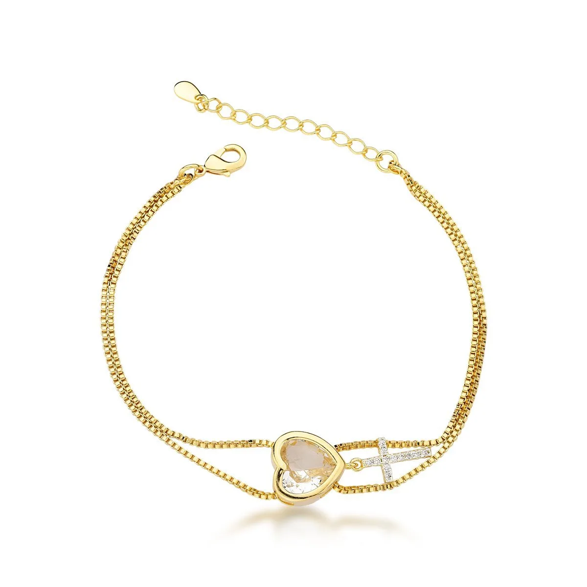 Pulseira Moderna e Chique Banhada em Ouro 18k – Zircônio Coração e Cruz Cintilante