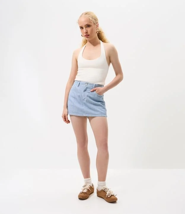 Short Saia Listrado sem Sarja com Passantes e Bolsos