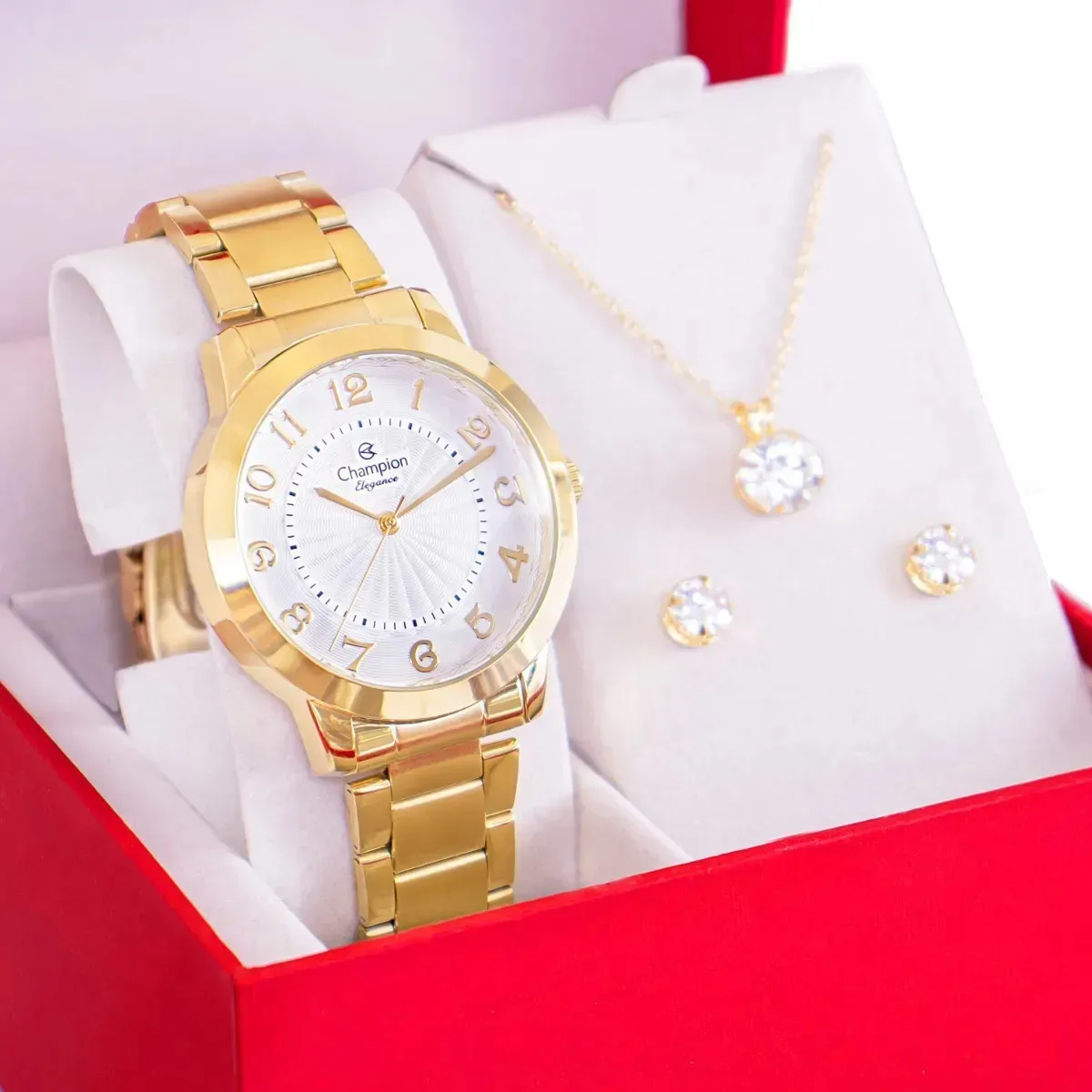 Relógio Feminino Champion Analógico CN25118W 40 Milímetros Dourado Fundo Branco Pulseira em Aço Inoxidável + Kit Colar e Brincos Prova D´Agua 50m