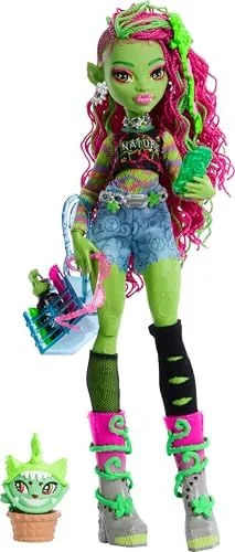 Monster High Venus McFlytrap Doll with Plant Monster Pet Cat Chewlian and Accessories Like Backpack, Notebook, Snacks and More