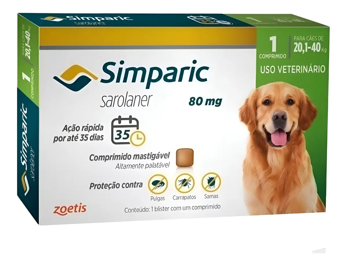 Simparic Caixa 1 Comprimido Cães 20 A 40 Kg 80 Mg Zoetis Verde-escuro