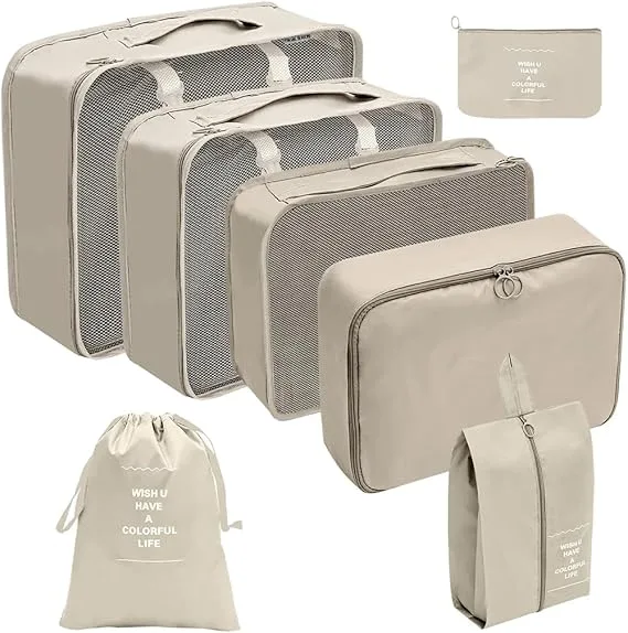 Organizador Viagem Kit 7 Peças - Necessaire para Bagagem Malas Roupas Bolsa Cosméticos Higiene - Dobrável Impermeável Multiuso Feminina Masculina Unissex Grande Compacto Prático (BEGE)