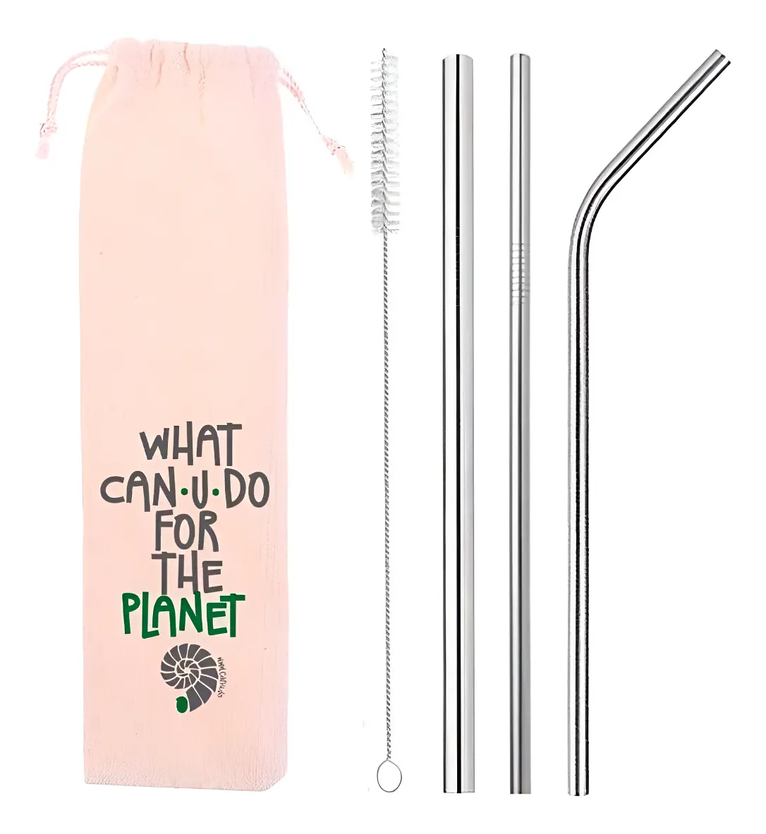 Kit 5 Em 1 - 3 Canudos Inox (shake 8mm) + Escova + Ecobag Cinza