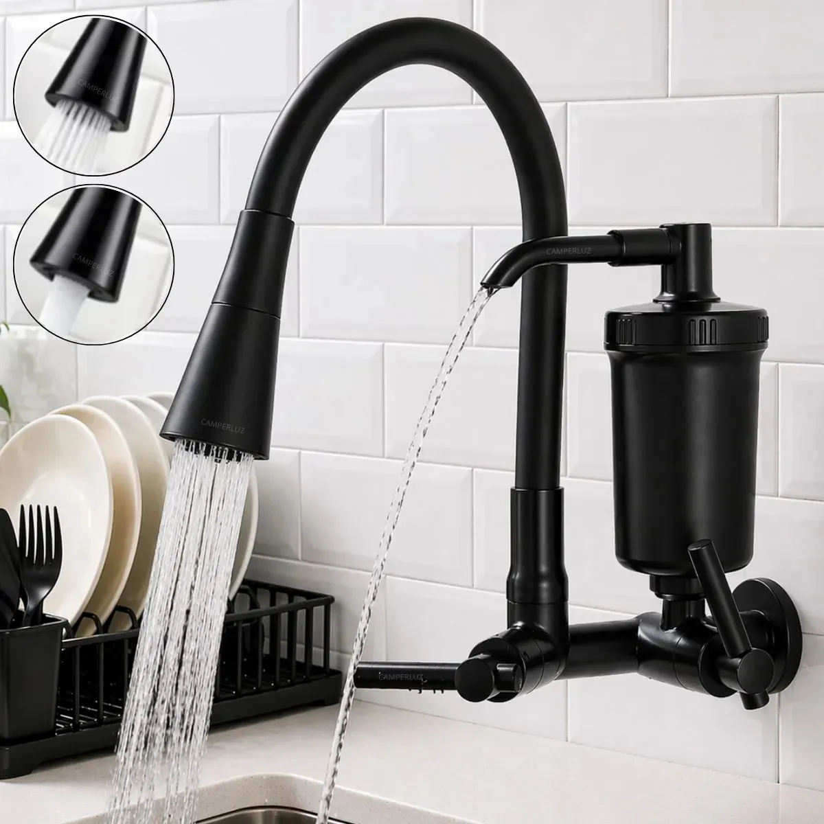 Torneira Gourmet Com Filtro Purificador De Água Flexível Pia Cozinha Bica De Parede 2 Jatos Cor Preto Linha Premium - Marca Camperluz Preto ( Parede C/ Filtro ) Cromado