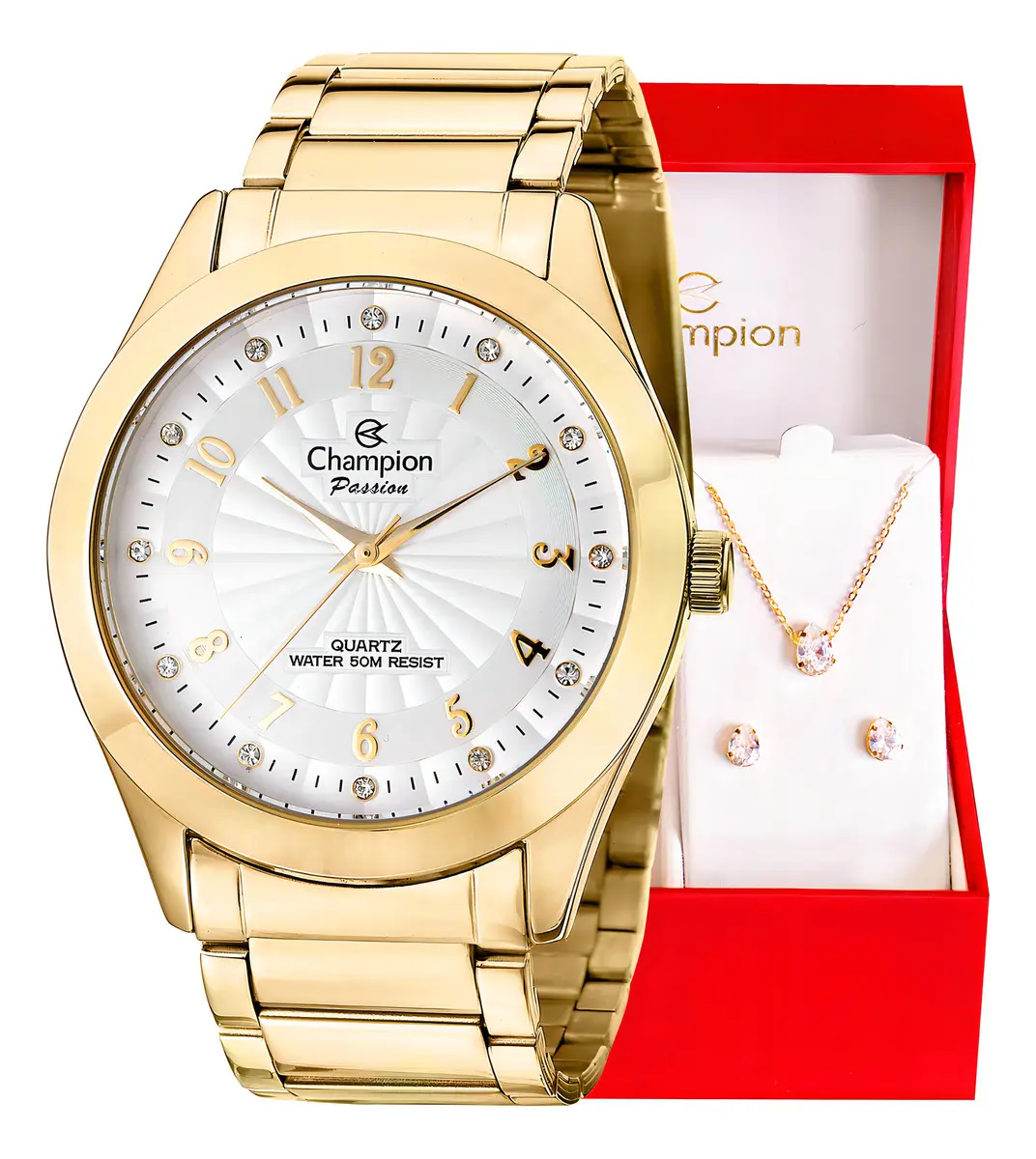 Relógio Feminino Champion Analógico CN29409D 40 Milímetros Dourado com Pulseira em Aço Inoxidável e Kit Colar e Brincos Prova D´Agua 50m