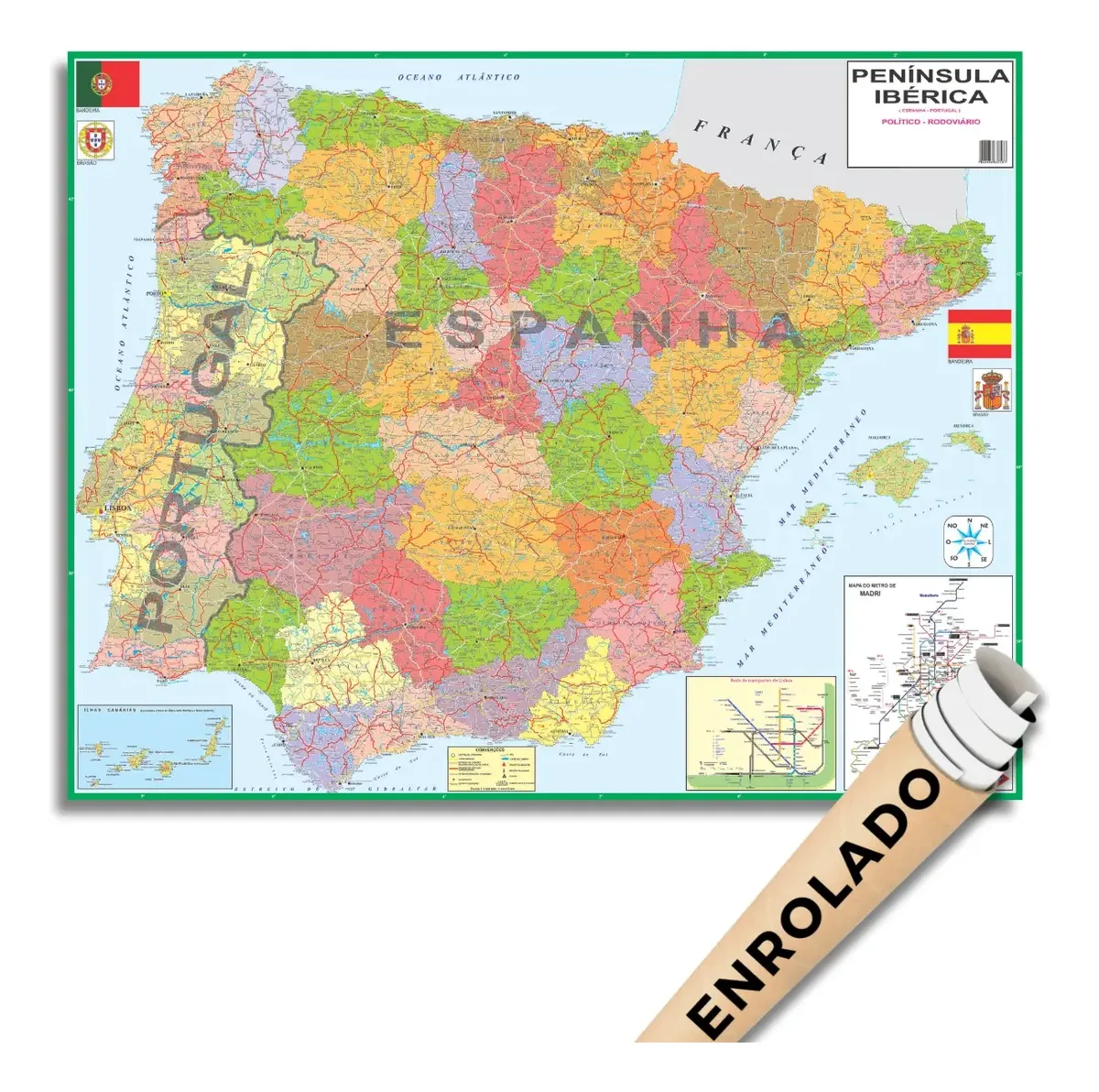Mapa Peninsula Ibérica Portugal E Espanha Politico Rodoviario Escolar Guia Geografico Poster - 120 X 90cm Gigante Enrolado