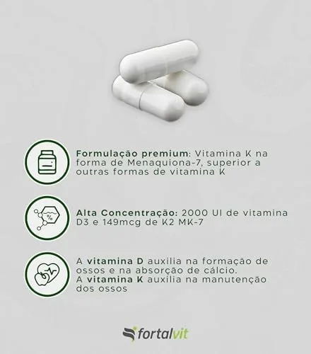 Vitamina D3 + K2 120 Cápsulas 4 Meses de Uso Longa Duração, 2000UI D3 149mcg Vitamina K2 MK-7, Fortalvit