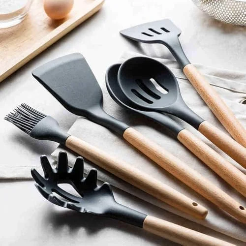 Kit 12 Utensílios De Cozinha Em Silicone E Cabo De Madeira Jogo De Utensílios Resistente ao Calor Antiaderente Premium GAXMARK