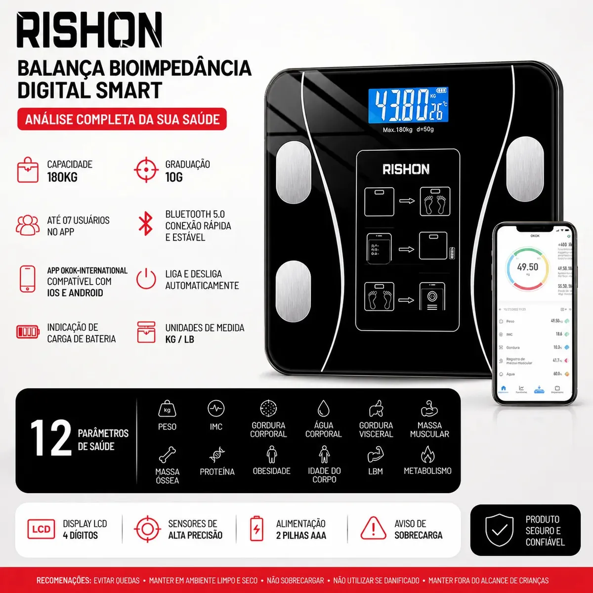 Balança Bioimpedancia Digital 180kg Smart Imc Profissional Rishon Com Aplicativo