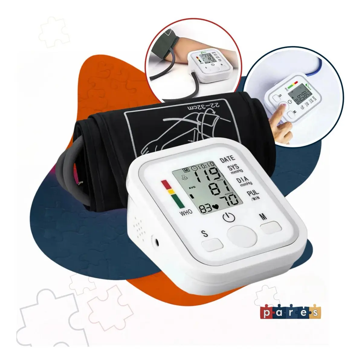 Aparelho Medidor De Pressão Arterial Digital Pares Automático De Braço Monitor Inteligente Com Tela Lcd Grande, Detecção De Arritmia, Memória Para Leituras E Operação Simples Marca Pares Branco