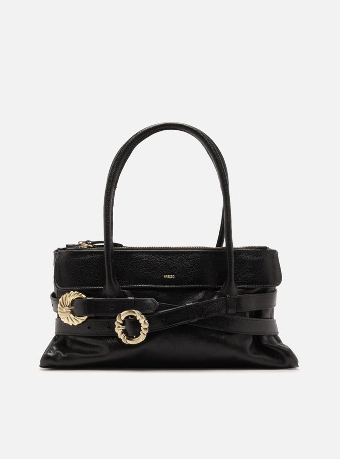 Bolsa Shoulder Preta Couro Grande Fivelas Douradas