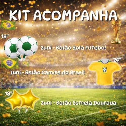 Balões Brasil Futebol Decoração Festa – Camisa Brasil, Bola Futebol, Taça Champion, Balão Redondo 24” – Tema Copa Aniversário Eventos (Kit Camisa Brasil 5 Peças)
