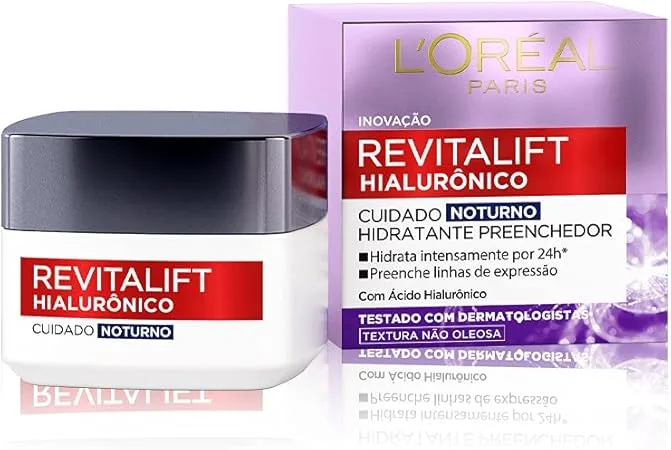 L'Oréal Paris Revitalift Hialurônico Creme Facial Noturno, com Ácido Hialurônico Puro, Com textura leve, preenche linhas de expressão e hidrata a pele intensamente por 24h, 49g