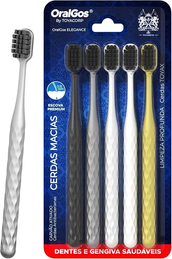 OralGos Escova de Dente Adulto, 5 Unidades, Cerdas de Carvão Ativo, Macia, Para Gengivas Sensíveis, Multi-Cores, Prática para Viagem e Uso Familiar