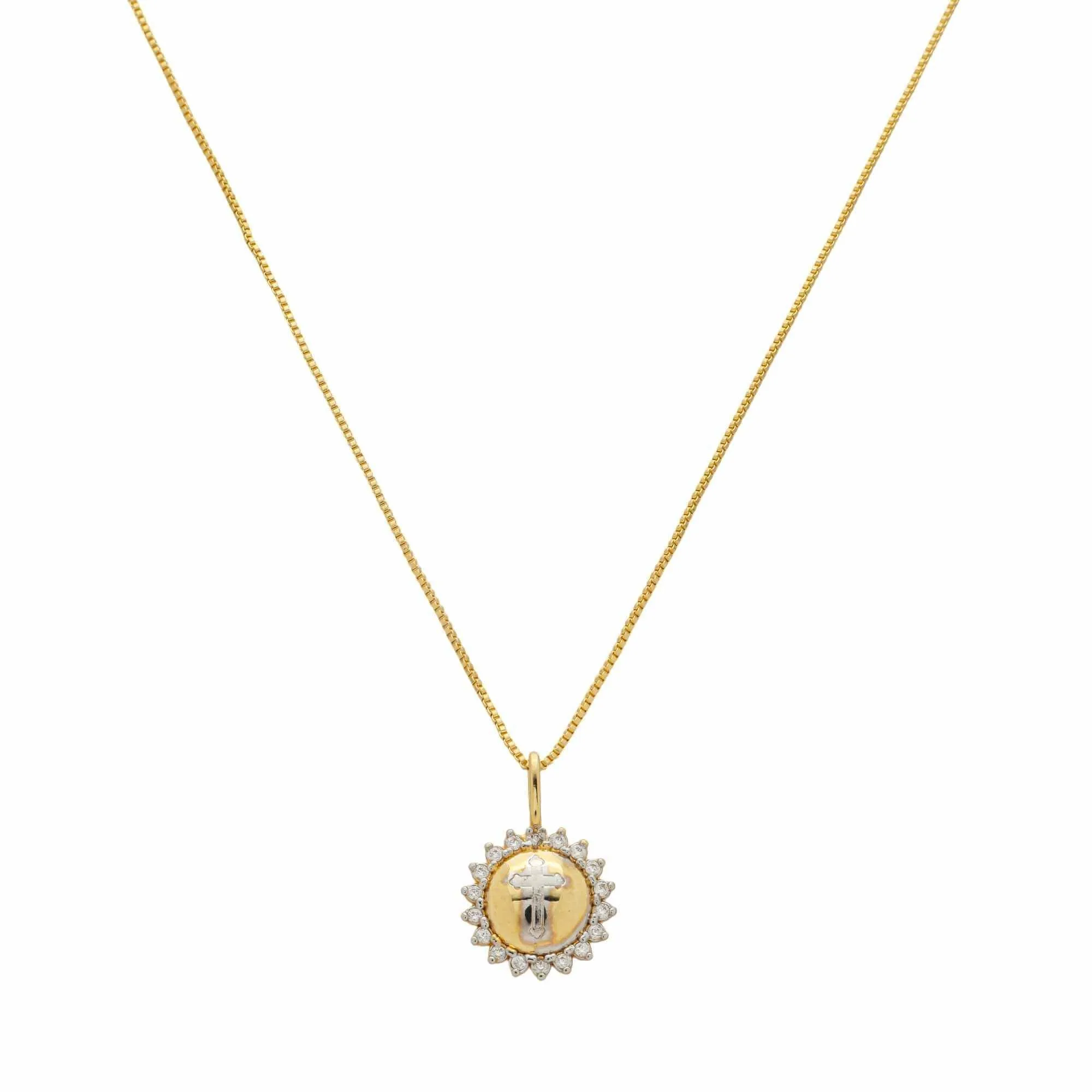 Colar Folheado a Ouro 18k Pingente Redondo Crucifixo