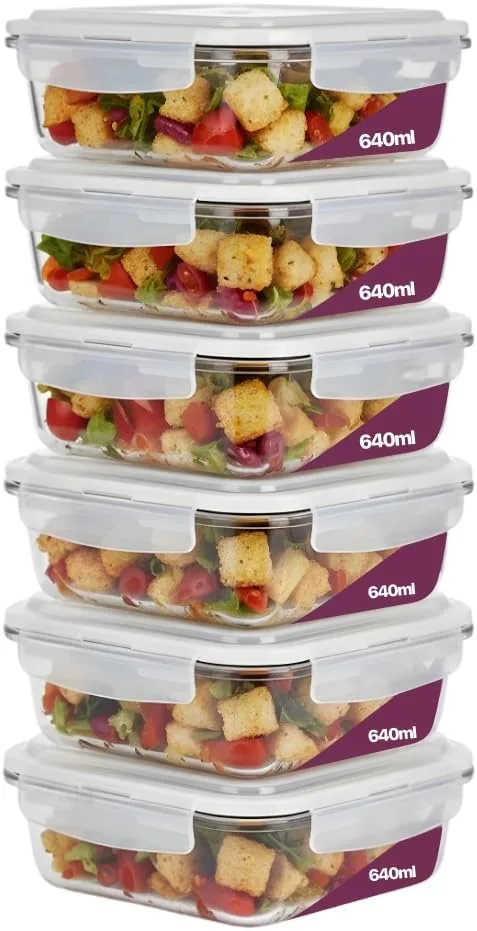 Kit 10 Potes de Vidro Borossilicato Retangular 640ml Marmita Com Tampa Hermética 4 Travas Resistente Livre de BPA Ideal para Conservação de Alimentos Freezer Micro-ondas Lava-louças Premium