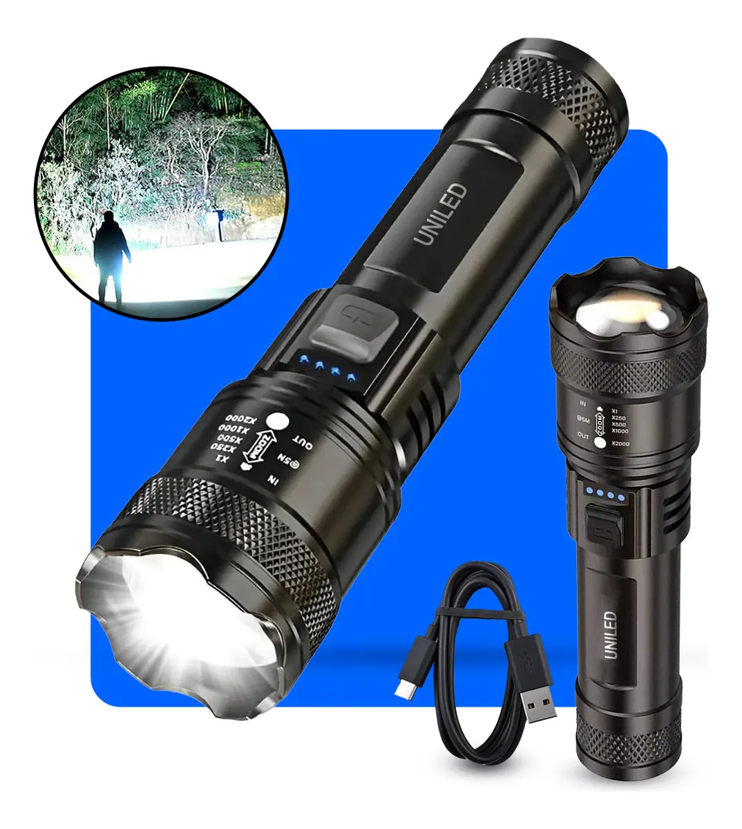 Lanterna Militar Tatica LED Mais Forte do Mundo Potente 1Km Zoom Telescópico Alto Brilho Resistente Agua Sitio Fazenda UNILED