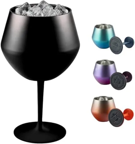Taça Térmica Inox 2 em 1 Vinho Gin Drinks Cerveja 414ml Copo Térmico Haste Removível Aço Inoxidável Conserva Bebidas Geladas Isolamento Térmico Parede Dupla Cocktail Coquetel (PRETA)