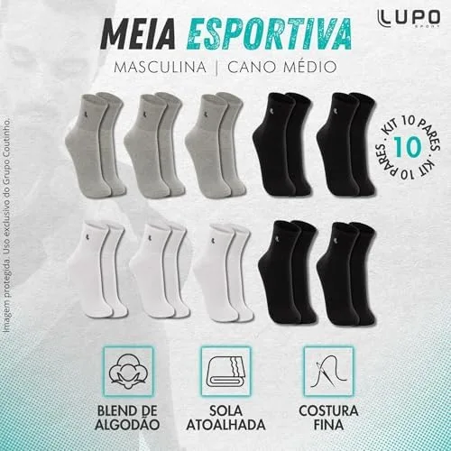 LUPO Kit 10 Pares Meia Cano Médio Masculina Feminina Adulto Academia Esportiva Sola Atoalhada Algodão Original
