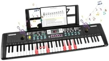 Teclado Musical Digital, 61 Teclas Iluminadas,Piano Digital para Iniciantes, modo de ensino, 200 Tons, 60 canções de demonstração, microfone, suporte musical, Bateria Recarregável