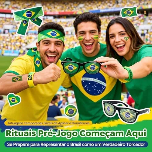 Kit Torcedor Brasil Copa do Mundo 2026 – 12 Peças Completo com Calendário de Jogos, Pintura Facial Hipoalergênica, Bandeira, Óculos, 2 Bastões Infláveis, Corneta e Caixa Presente – Em Busca do Hexa!