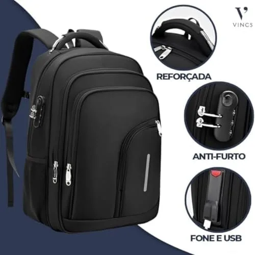 Mochila Masculina Reforçada Executiva Grande Mochila para Notebook Trabalho Viagem Escola com Cabo de Aço Impermeável Antifurto com Saídas USB/Fone de Ouvido Unissex