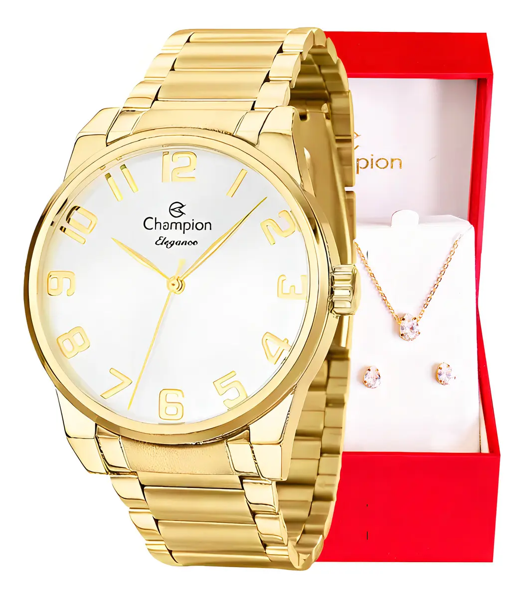 Kit Relógio Feminino Champion Dourado Cn27652w Analógico Prova D´agua 50m Com Colar E Brincos Branco