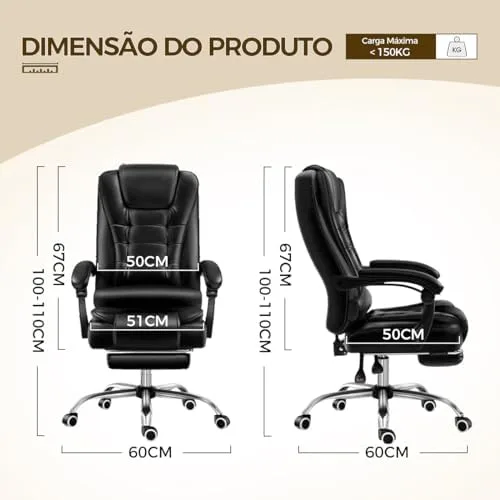 Cadeira de escritório presidente, cadeira de home office com apoio para os pés e encosto ajustável（Preto）