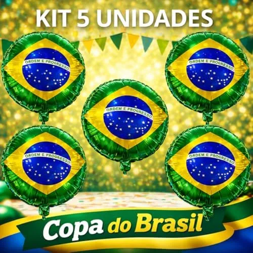Balão Bandeira do Brasil 18" 45cm Metalizado Kit 5 Unidades Decoração Copa do Mundo Festa Futebol Verde Amarelo
