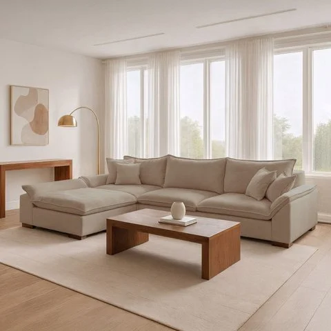 Sofá de Canto com Chaise Modulado 6 Lugares Linho Bege Dominique 320cm Yescasa